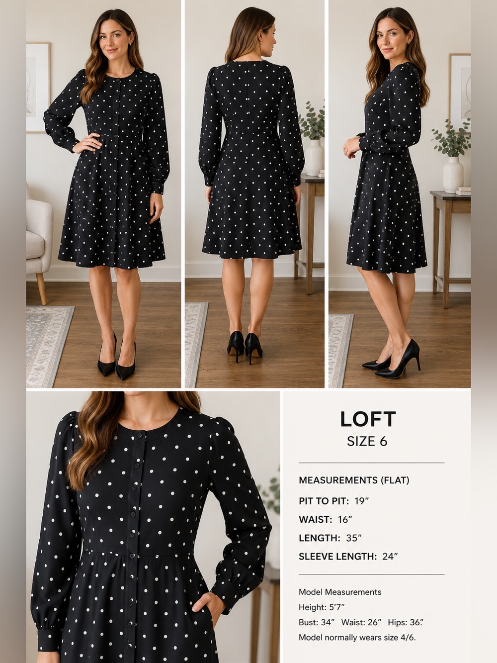 LOFT Black White Polka Dot Button Front Dress Size 6